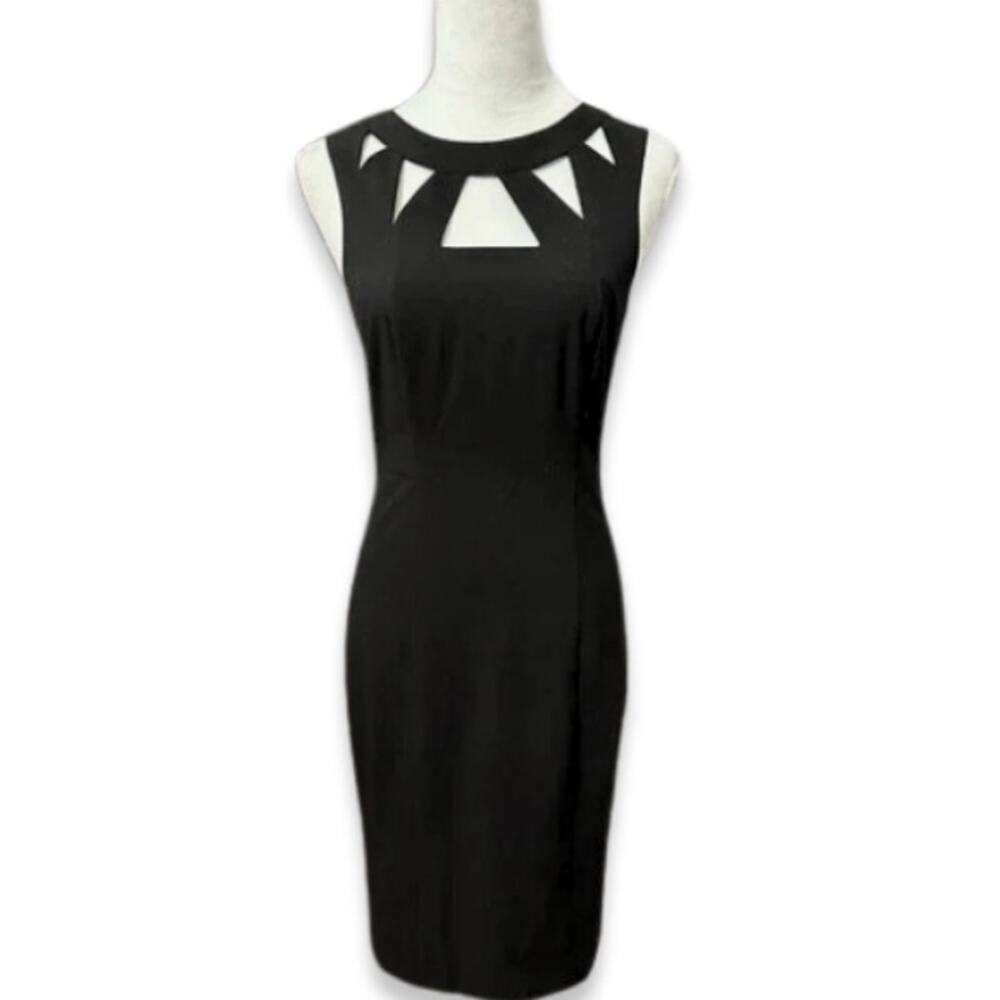 Eliza J Midi Sheath Dress Geometric Cut-Out Neck Sleeveless Black Women's 4 NWOT